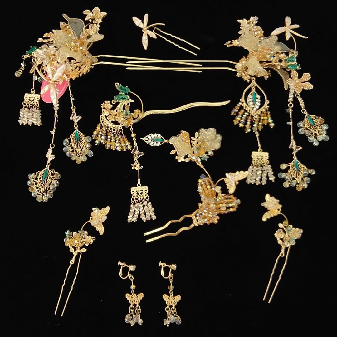 合金婚庆饰品 2025高级感重工金绿新娘龙凤褂中式饰品343