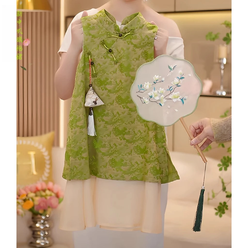 女童新中式旗袍裙夏季2025新款国风提花假两件背心裙复古盘扣裙子