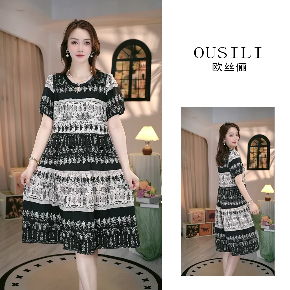 OUSILI【高端线】桑-高档结构条纹夏季冰感宽松显瘦舒适连衣裙716W