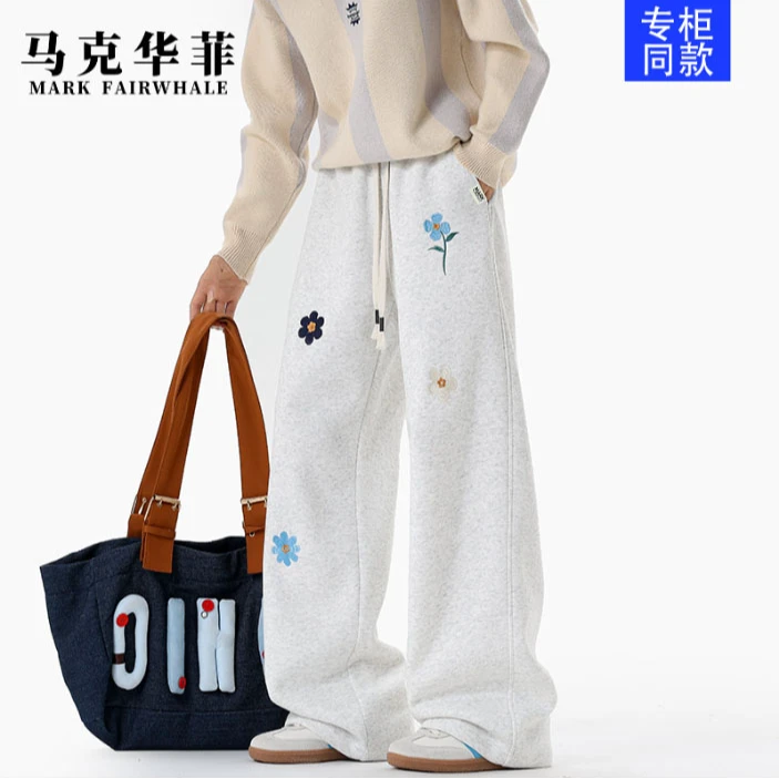 马克华菲秋季新款美式高街华棉卫裤花朵刺绣休闲裤男女同款秋冬宽