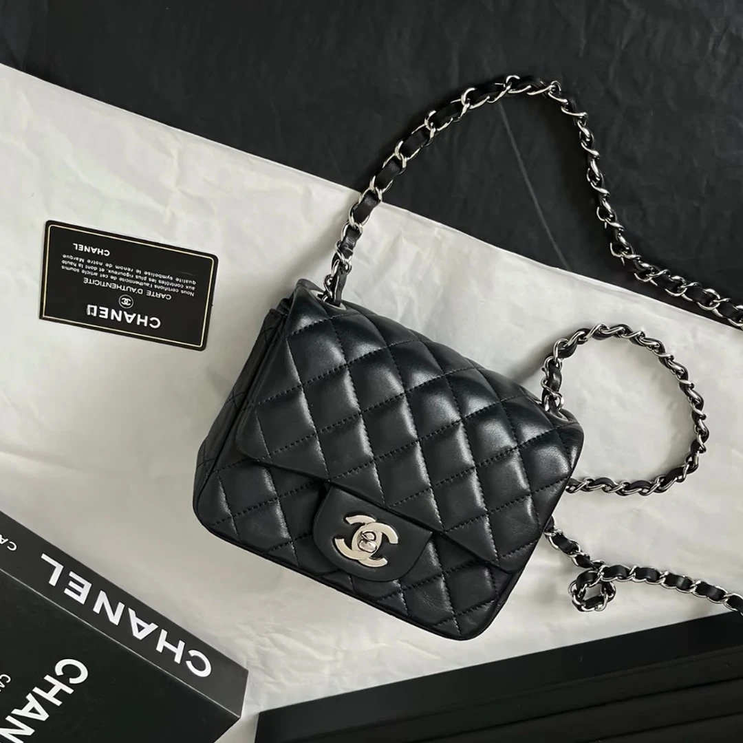 95新 Chanel/香奈儿 7姐专场/黑银方胖子链条包 25开