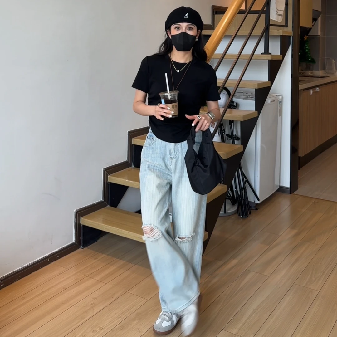 小个子定制浅水蓝复古无弹长裤裤女夏季破洞直筒提臀牛仔裤