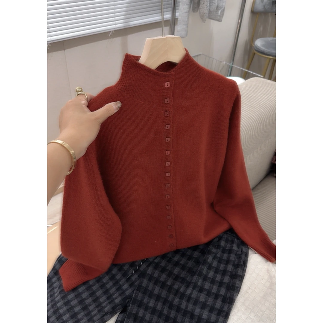 3463【方糖扣高领开衫】秋冬新款宽松毛衣女士气质上衣