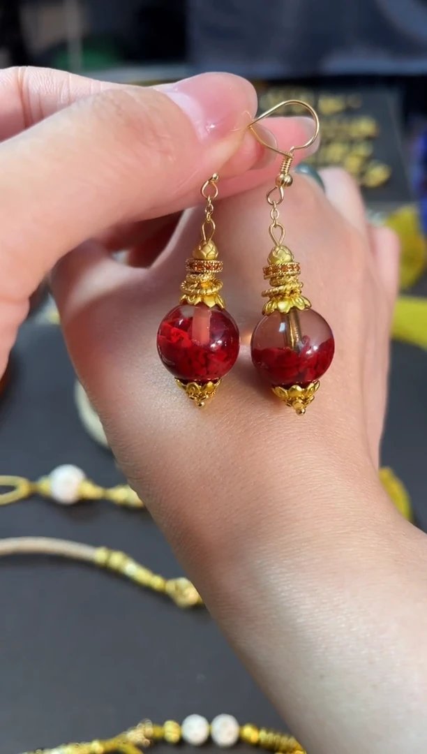 天然辰砂红红聚宝盆大耳钩