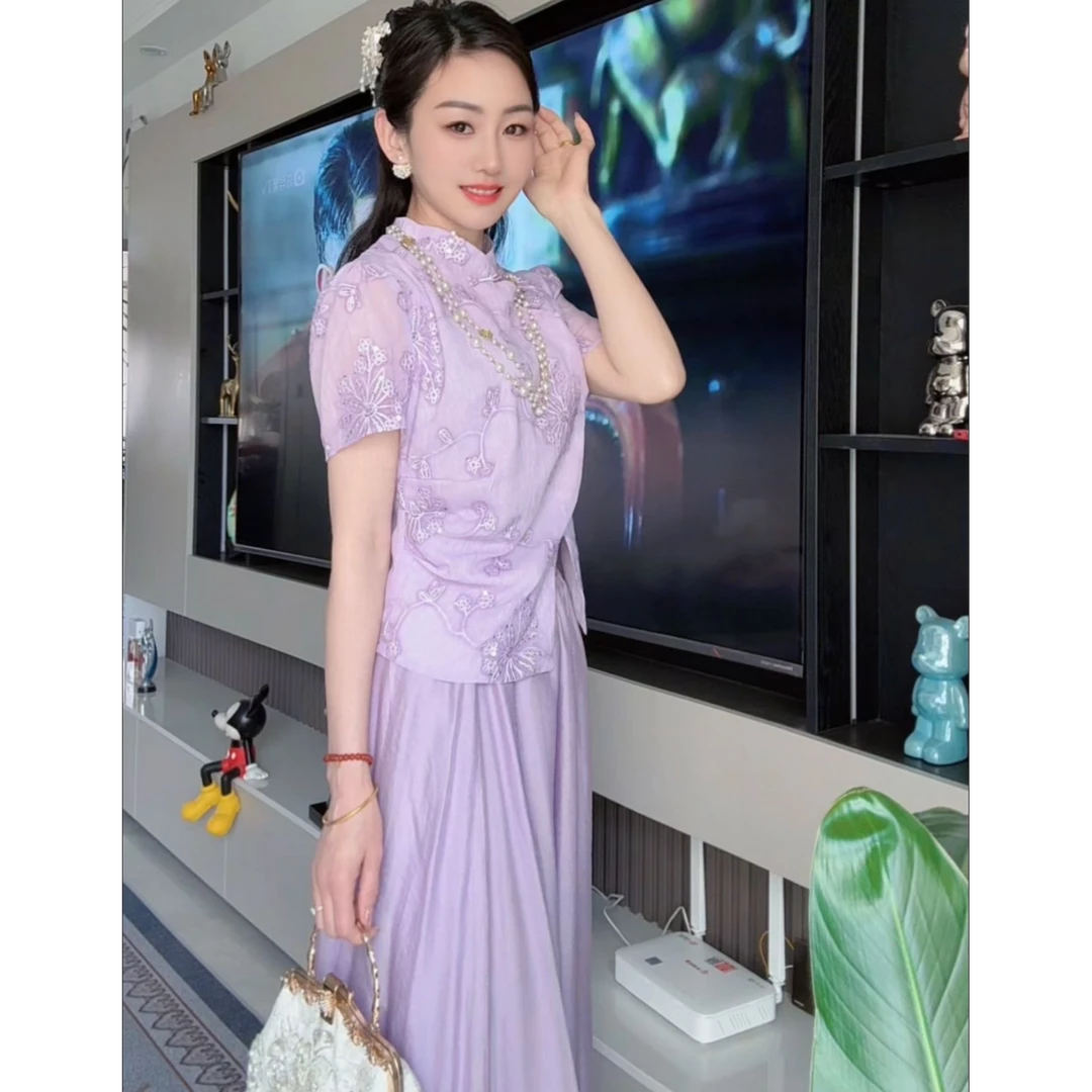 【慧姐专属】通勤时尚套装气质蕾丝女装夏季上衣显瘦立领提花中国风