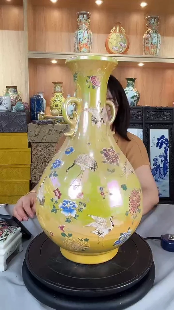 摆件景德镇陶瓷宝光仙鹤图双耳玉壶春