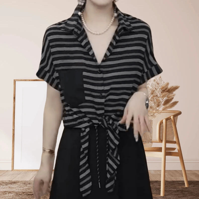 条纹短袖衬衫女夏季新款黑色小众设计感系带气质洋气薄款透气上衣