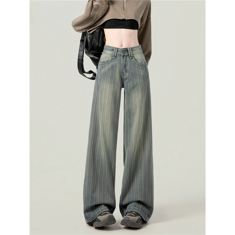 驭瑛复古阔腿牛仔裤女2025夏款美式高街高腰条纹宽松慵懒直筒裤子