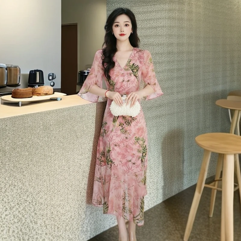 【丹莱姿定制】洋气印花连衣裙2025年夏季新款气质优雅显瘦鱼尾裙子