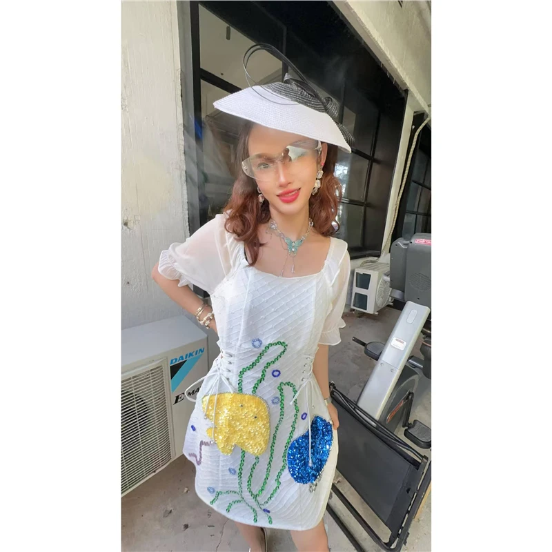 MM0108 木木原创重工手工彩钻设计感别致绑带白色个性a字连衣裙