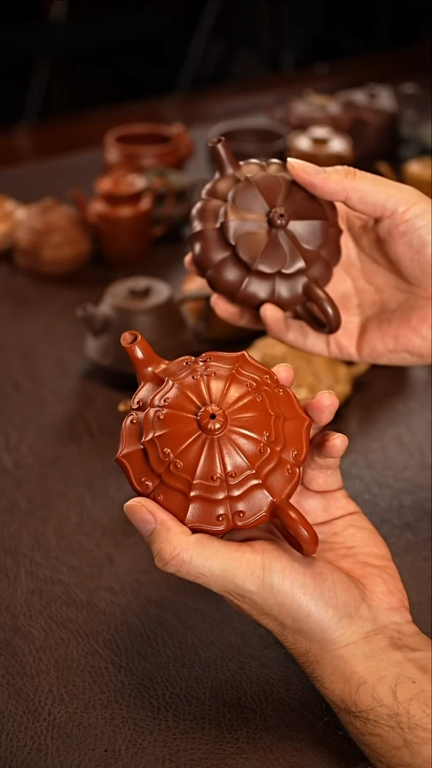 茶壶紫砂台****昇朱泥锦纹菱花