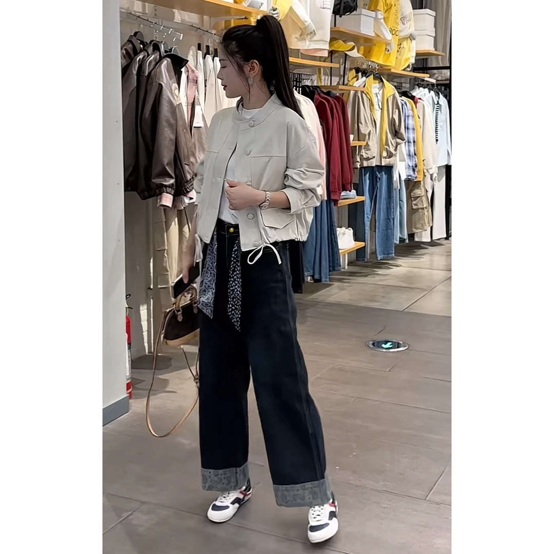 秋季时尚一整套女装2025新款抽褶短款宽松外套牛仔阔腿裤两件套潮