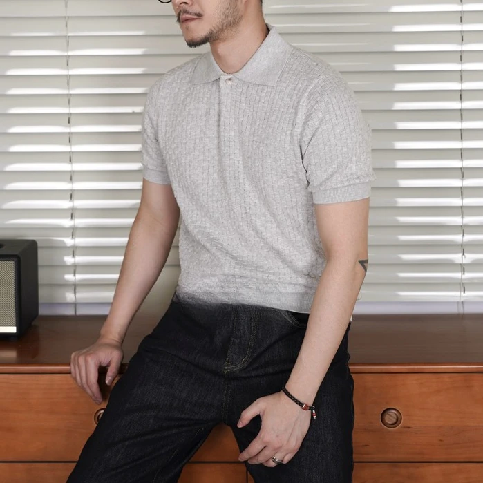 220克老钱休闲男士bv编织针法意式百搭海鸥领T恤Polo衫夏季简约