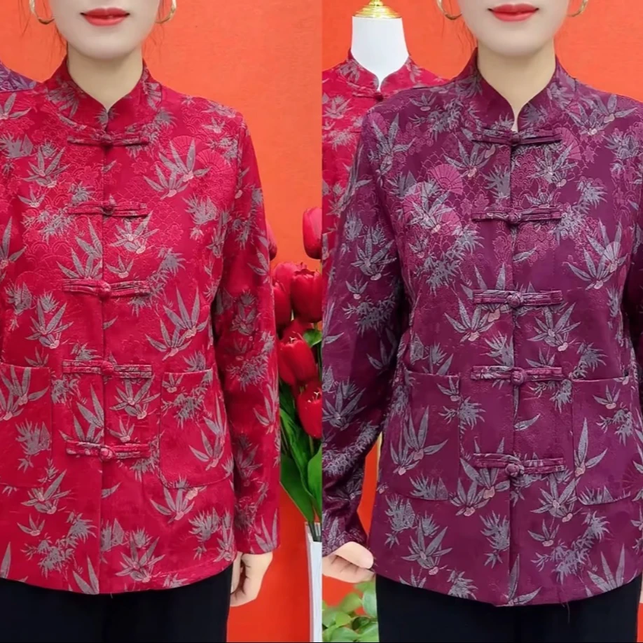 早春新款洋气时尚枫叶双兜遮肉中老年开衫上衣