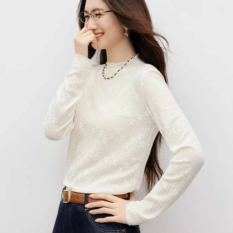 MISU/糜素红袖蕾丝提花T恤冬季新款木耳边半高领轻熟气质甜美上衣