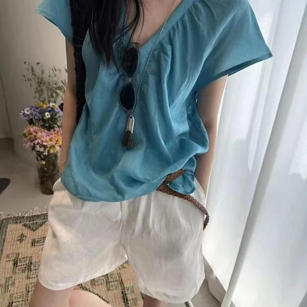 韩系夏季飞飞袖衬衣 新款设计感显瘦V领宽松衬衫女小衫上衣