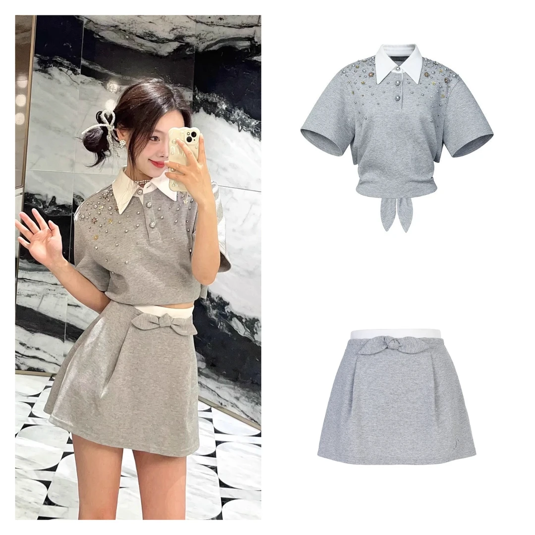 【今安安】重工钉珠POLO短袖宽松T恤A字裙运动套装2025夏