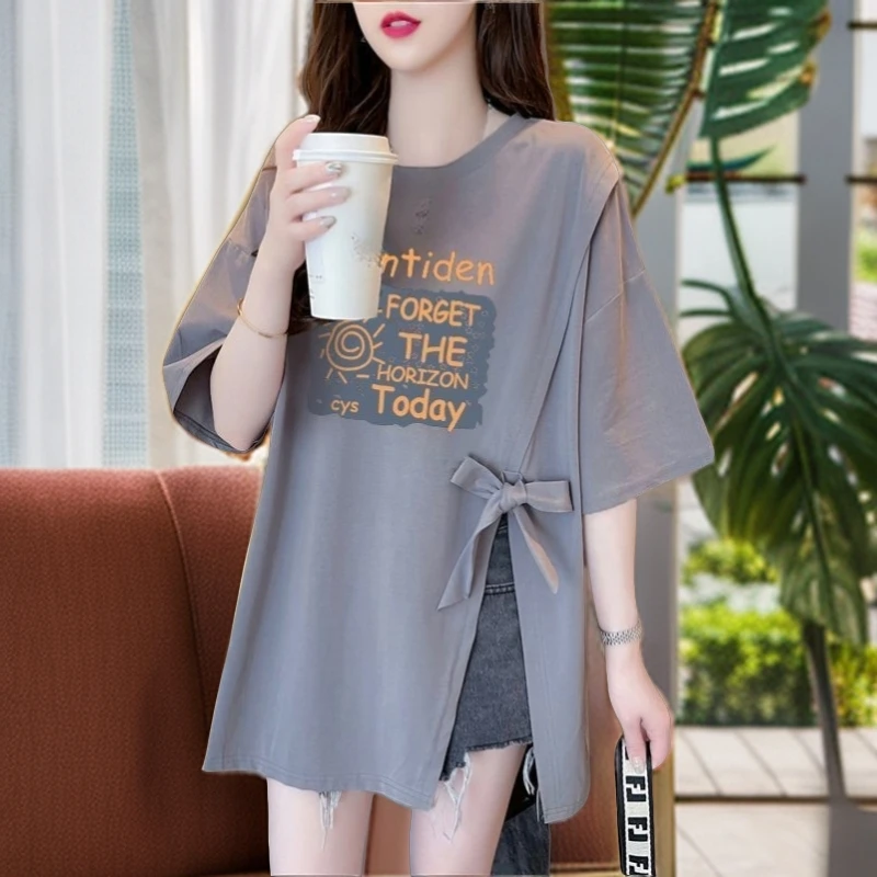 TT夏季宽松显瘦开叉短袖t恤女上衣200斤胖mm大码韩版ins风半袖体