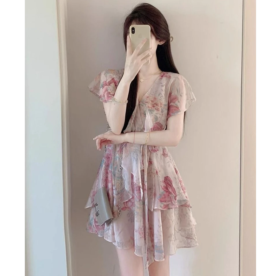 夏季短裙度假雪纺连衣裙法式小个子气质绑带碎花荷叶边印花连衣裙