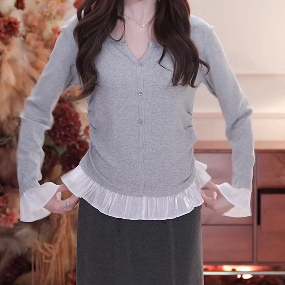 假两件v领长袖t恤女2025新款设计感修身T恤上衣C6036