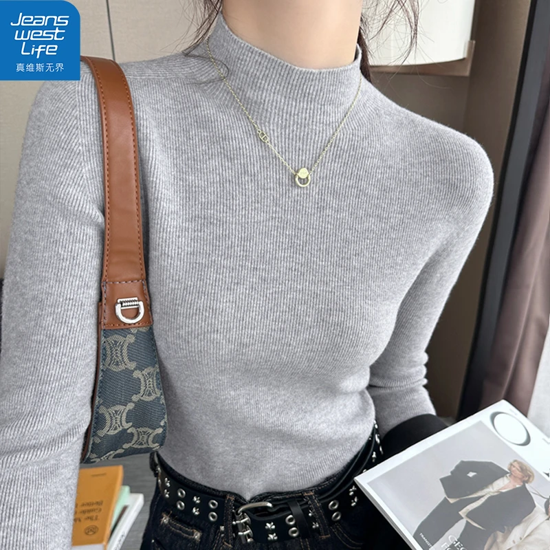 真维斯无界女士半高领一体绒毛衫加绒加厚保暖内衬秋冬打底上衣S