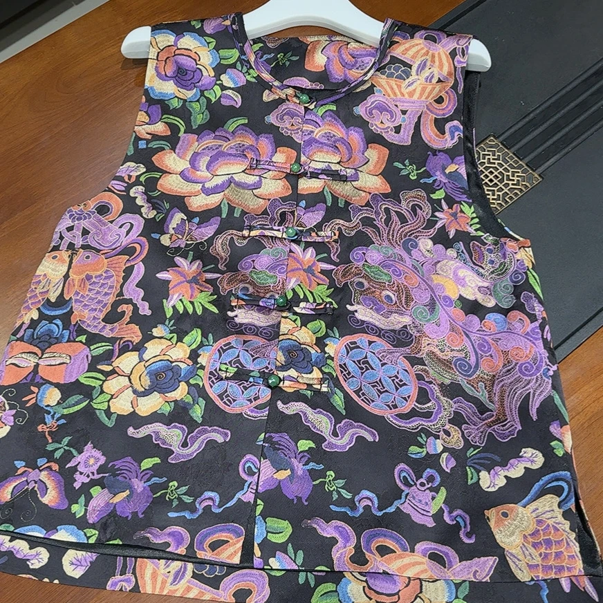 QNH-香云纱莲花吐艳圆领马甲