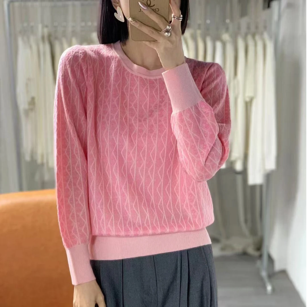 【思思精选】2025新款圆领竖条波浪提花气质时尚百搭针织衫A492#