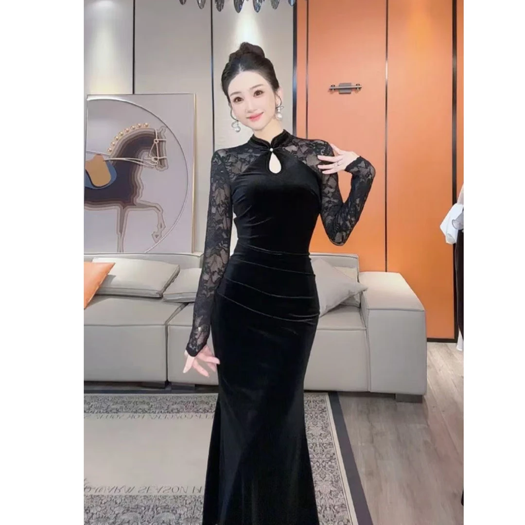 旗袍复古一字扣蕾丝长袖修身收腰气质时尚春秋季D3953