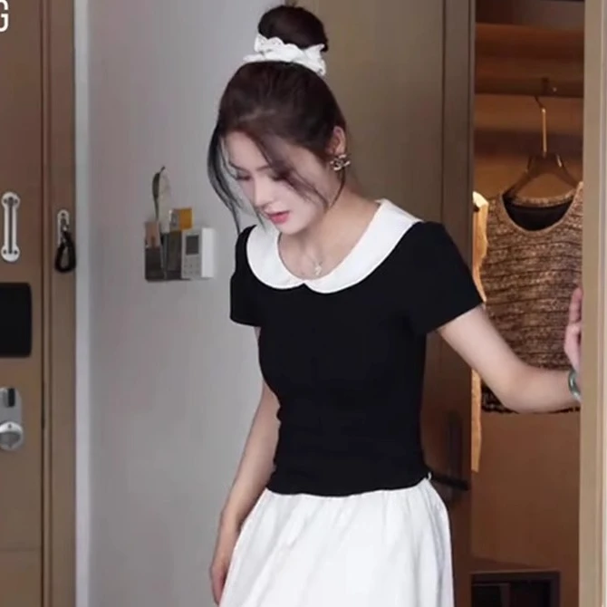 法式撞色娃娃领短袖t恤女2025夏季新款简约时尚百搭显瘦上衣9858