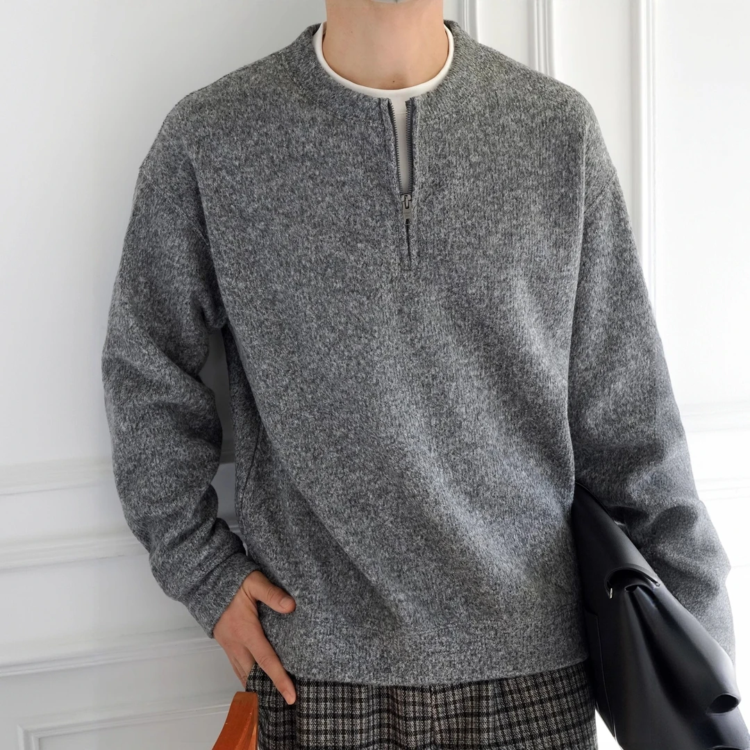 韩版宽松极简设计拼接假两件卫衣男秋冬潮流新款半拉链套头打底衫