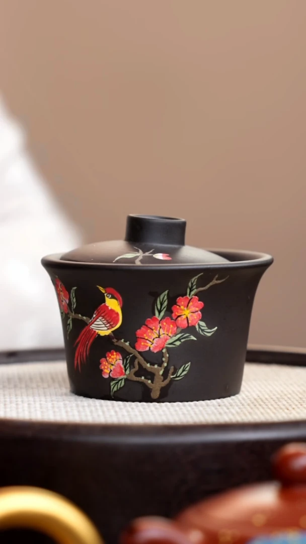 茶壶紫砂云雾天青盖碗泥绘红花鸟