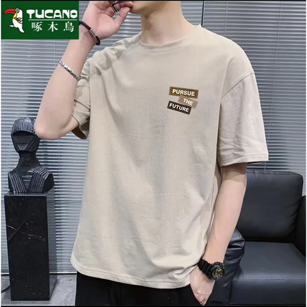 啄木鸟男士新款爆款宽松纯棉圆领短袖T恤打底衫青年印花全棉半袖t