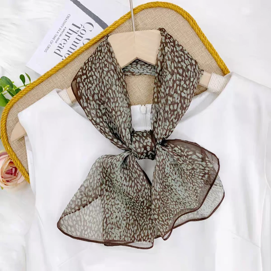 N474【咖绿豹纹】35*140新款时尚薄款围巾百搭丝巾夏季防晒长条巾