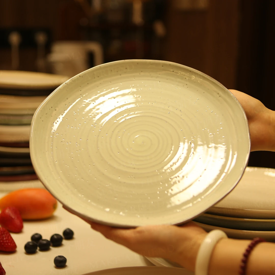 薄荷绿蜗牛纹10.5寸星光釉面圆盘外贸尾单轻奢高级感颜值家用陶瓷