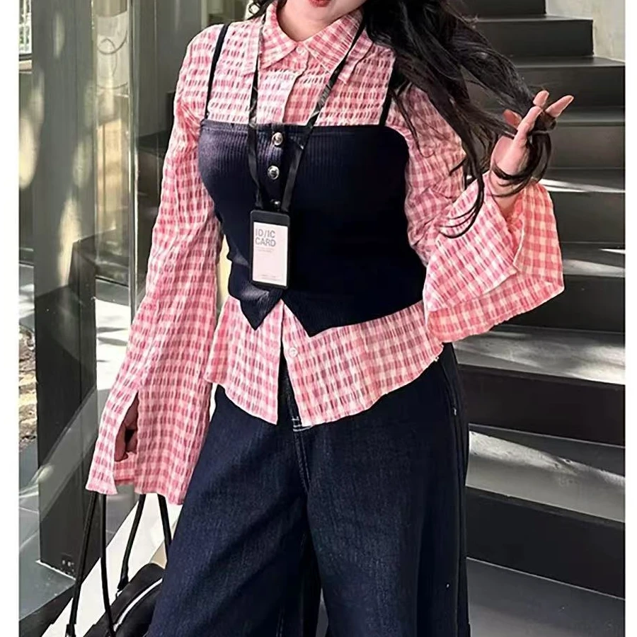 闺蜜家   微胖大码开春显瘦套装粉色格子衬衫+吊带两件套8861