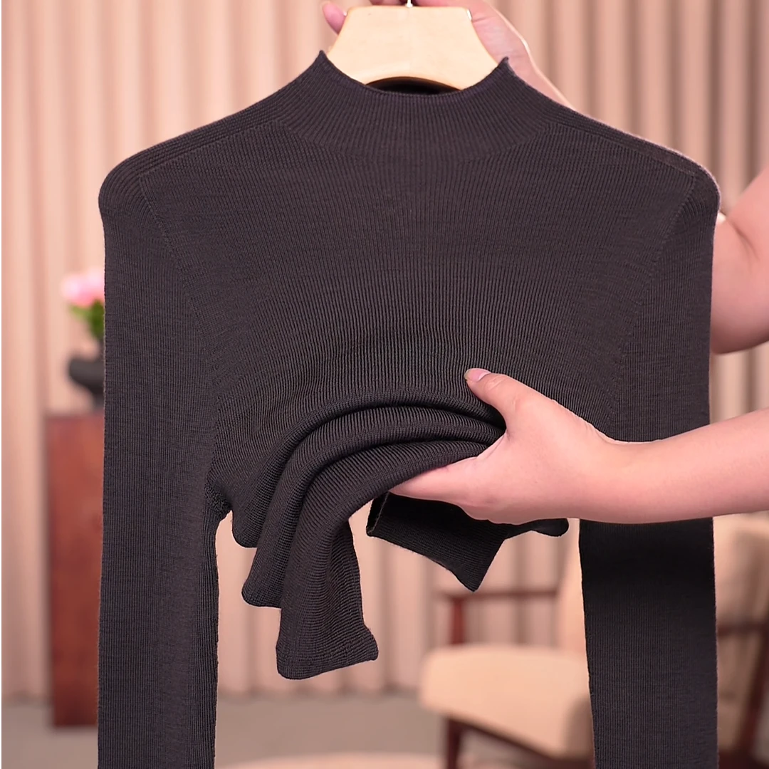 【100%精纺羊毛衫】无缝一体打底衫时尚修身百搭羊毛衫显瘦纯色