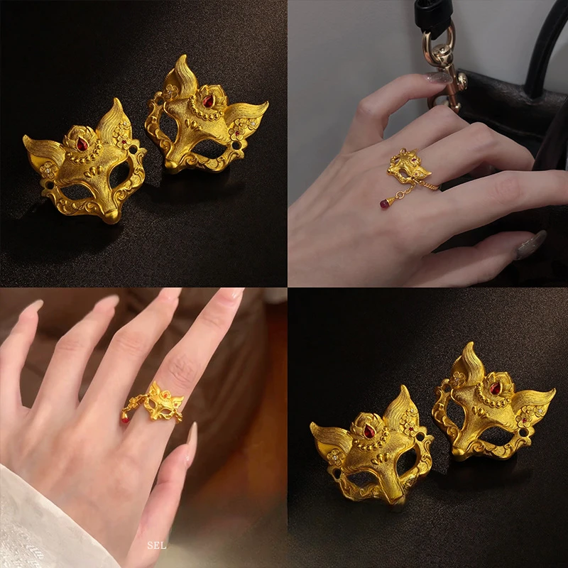 铜合金戒指 狐狸面具女士戒指轻奢高级ins首饰配饰仿金999