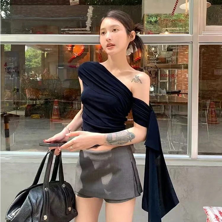 梦梦 MENGMENG｛新款修身显瘦无袖收腰斜肩上衣}