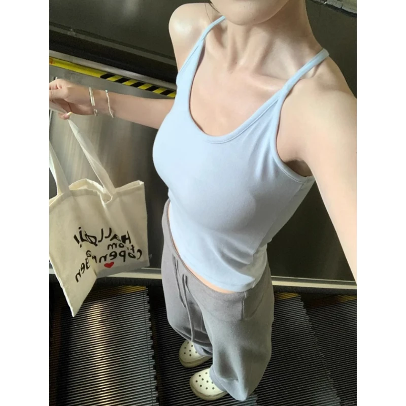 蓝色吊带带胸垫背心女外穿美式内搭上衣美背绝美挂脖小众遮副乳