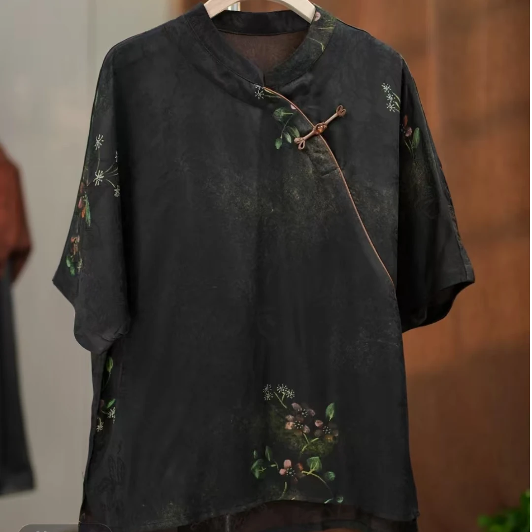 【紫檀老料】休闲百搭宽松气质圆领斜襟上衣358