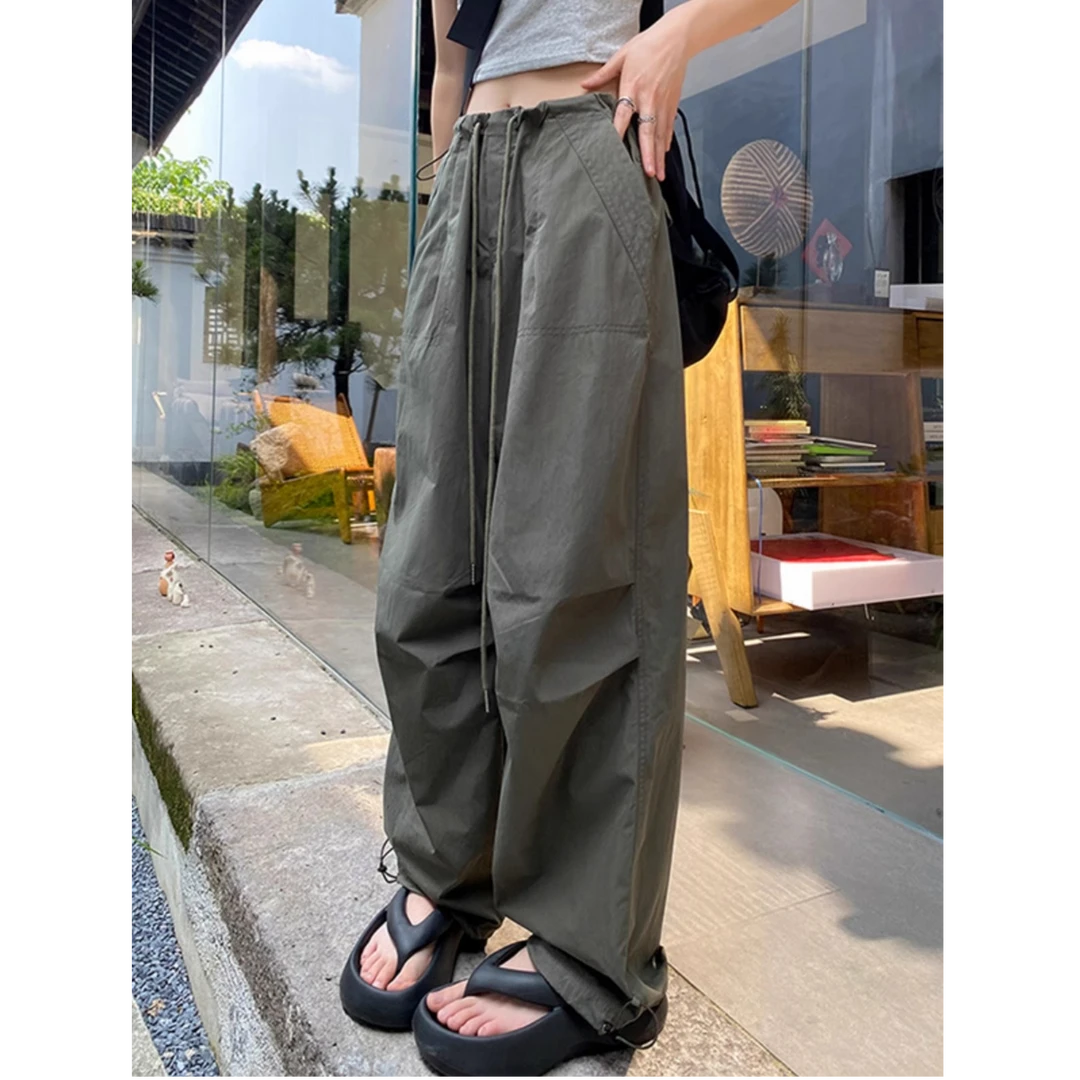 甜酷抽绳高腰休闲裤女春小个子宽松拖地裤垂感工装阔腿裤百搭长裤