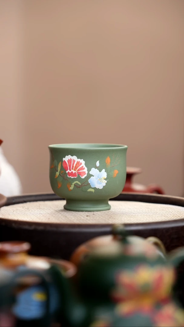 茶壶紫砂豆青砂将军杯泥绘花