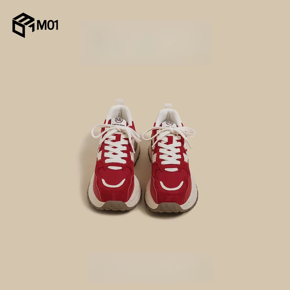 M01厚底阿甘鞋女2025春秋季增高爆款韩版跑步红色华夫运动老爹鞋