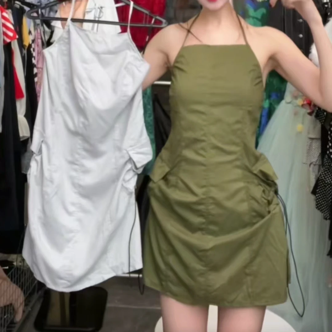 《瑕疵介意勿拍》挂脖ins工装气质绿色修身连衣裙吊带裙夏季