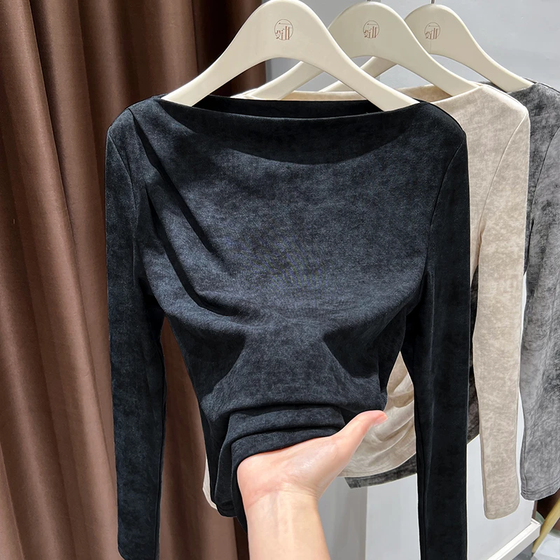 水墨扎染一字肩长袖t恤女2025新款爆款不规则内搭高级感气质上衣