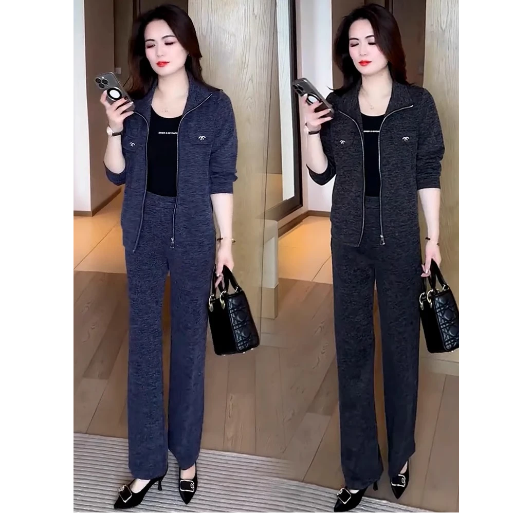 休闲运动套装女2025春季新款时髦洋气显瘦立领开衫阔腿裤两件套潮