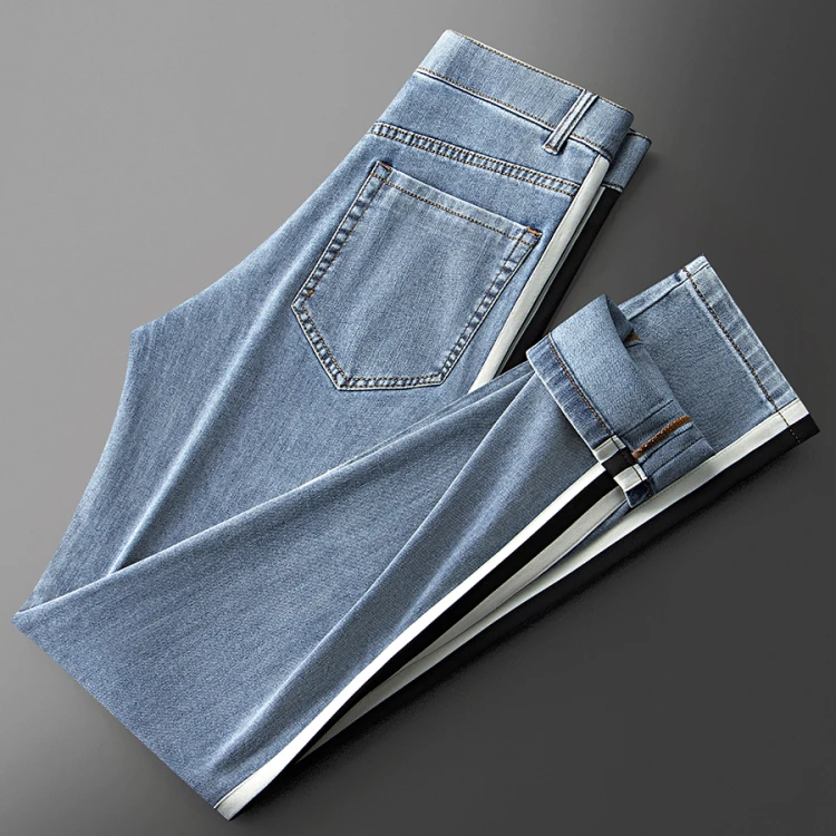 夏季时尚潮流弹力精梳棉撞色拼接织带男士修身小直筒休闲牛仔裤男