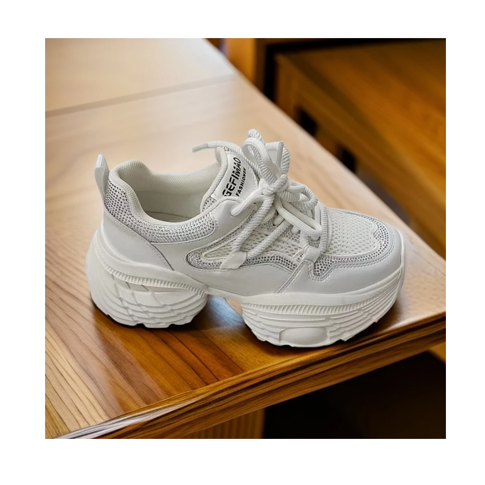 春季时尚休闲鞋白色小白鞋女士百搭网面老爹鞋真皮增高老爹鞋系带