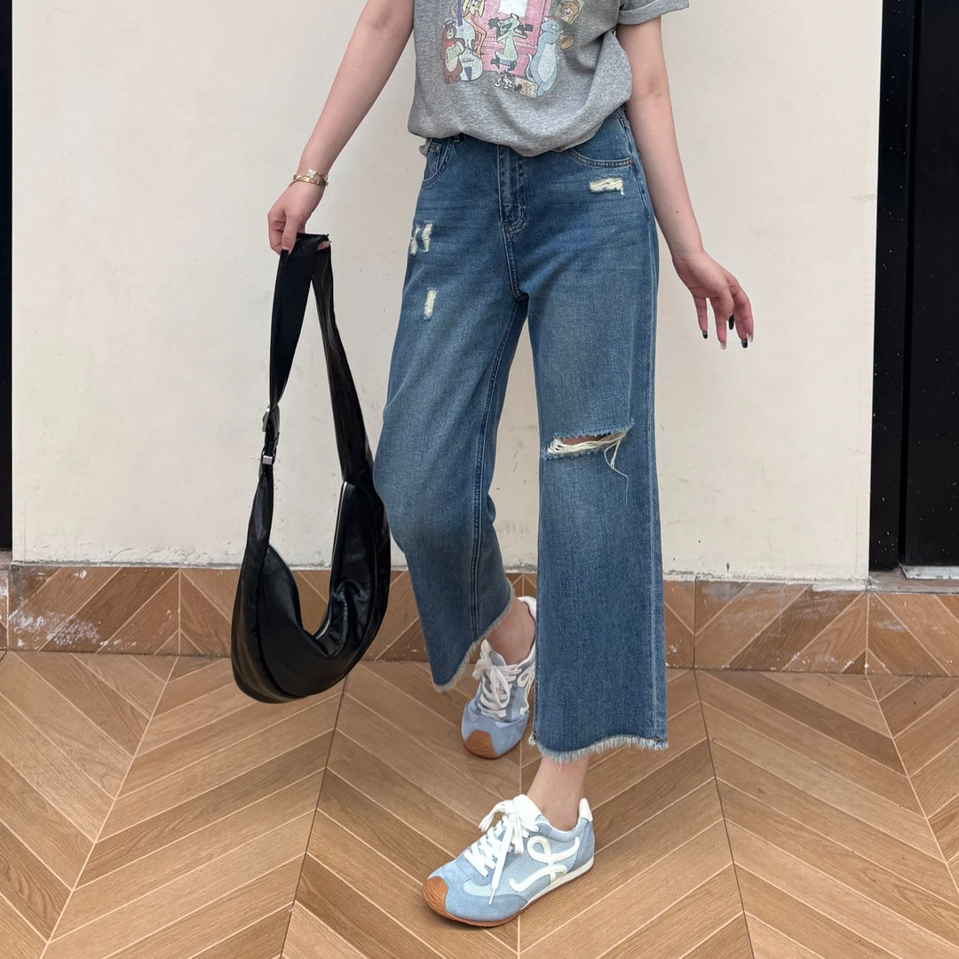 【显瘦神裤】破洞直筒裤洋气减龄窄版阔腿裤毛边九分薄款牛仔裤