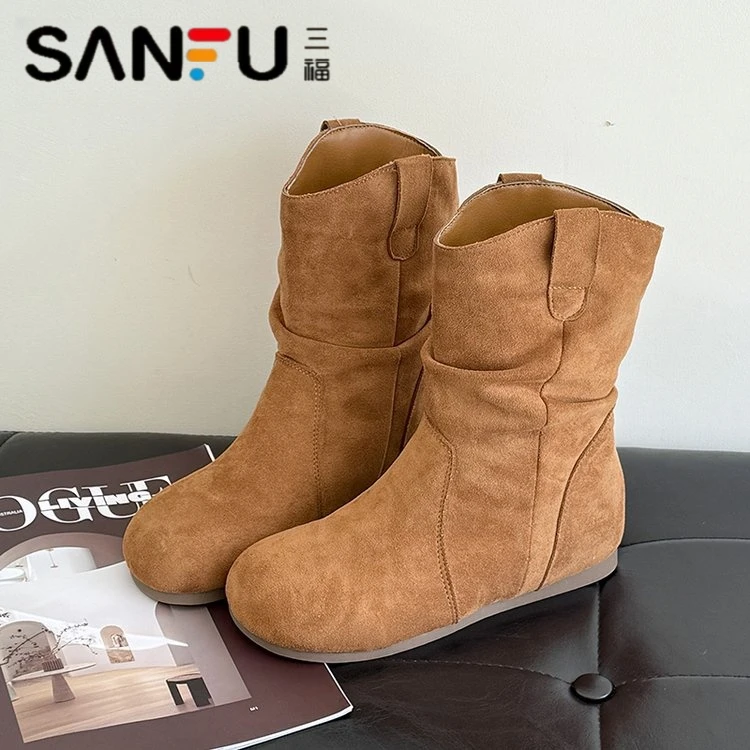 三福内增高7CM复古短靴2025秋冬季新款时装靴圆头时尚加绒堆堆靴